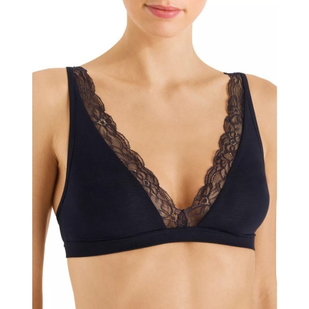 Hanro 32B Bra Cotton Lace Soft Cup Black Bralette Wirefree 32 B NEW